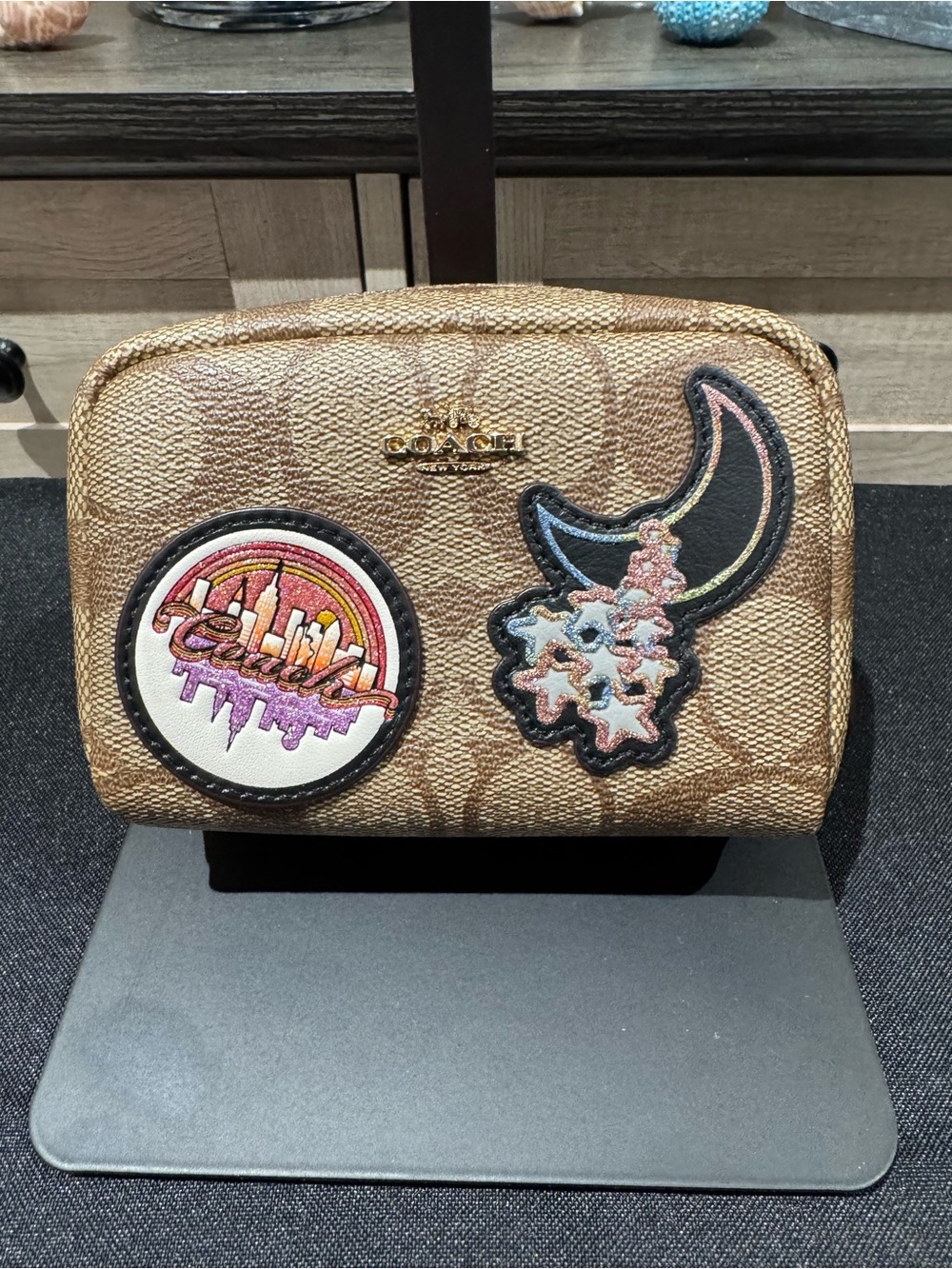 Coach Rare Signature Patch Mini Zip Pouch Glitter Thread Embroidery